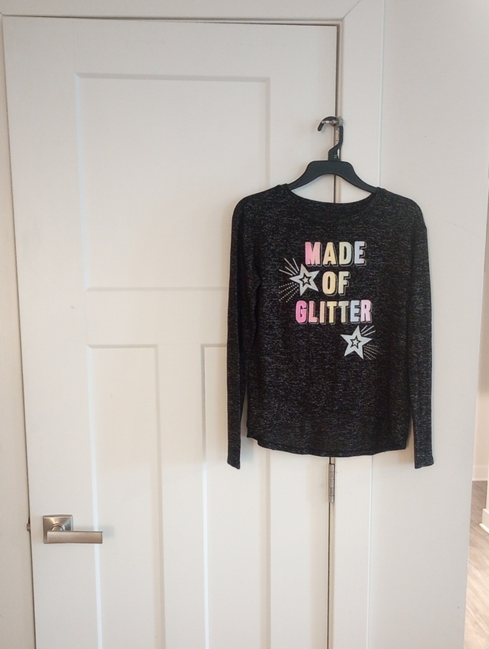 SO Black Long Sleeve Tee "Made of Glitter" with Pink and Yellow Lettering
